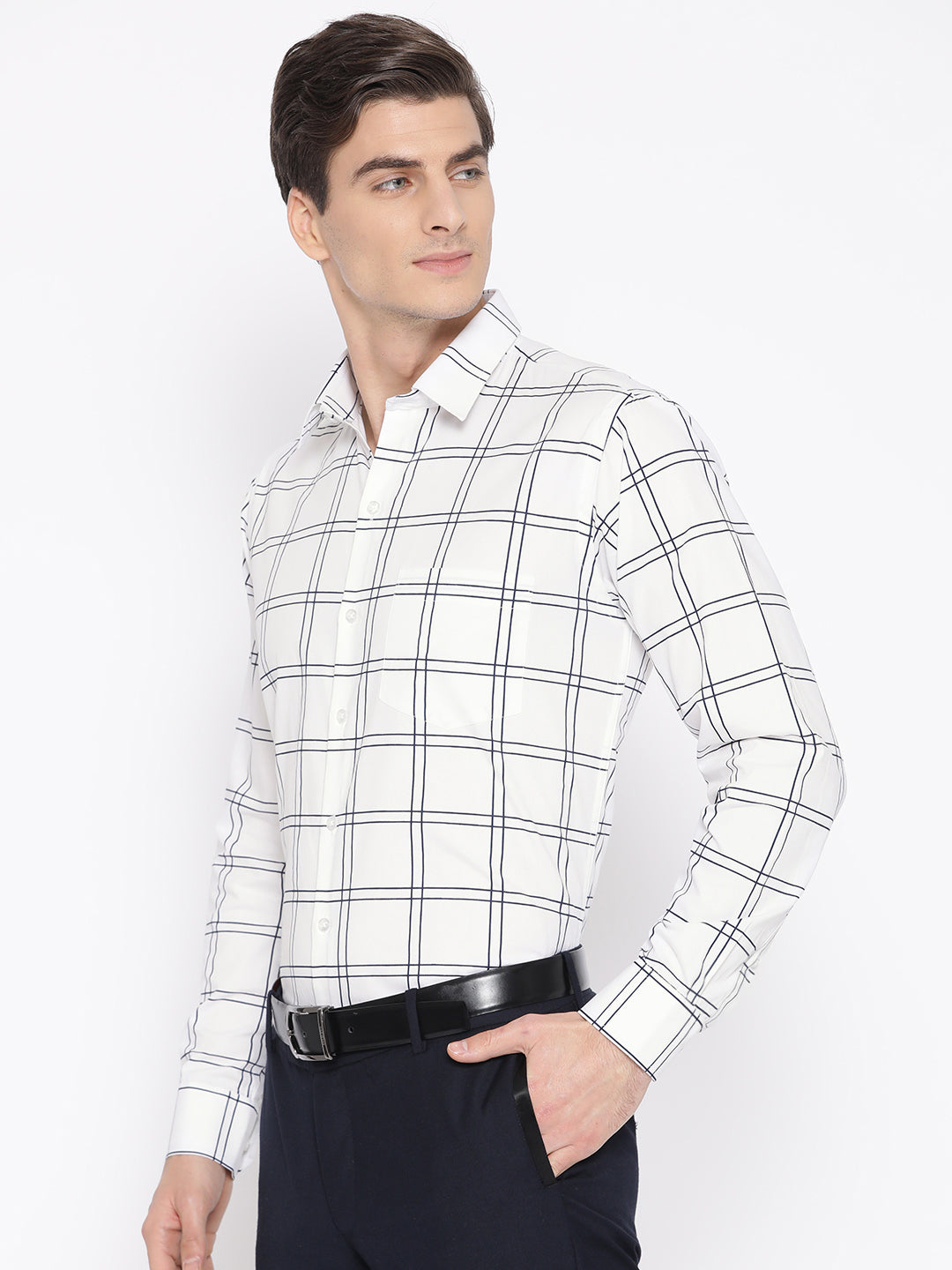 Men White Pure Cotton Checked Slim Fit Formal Shirt