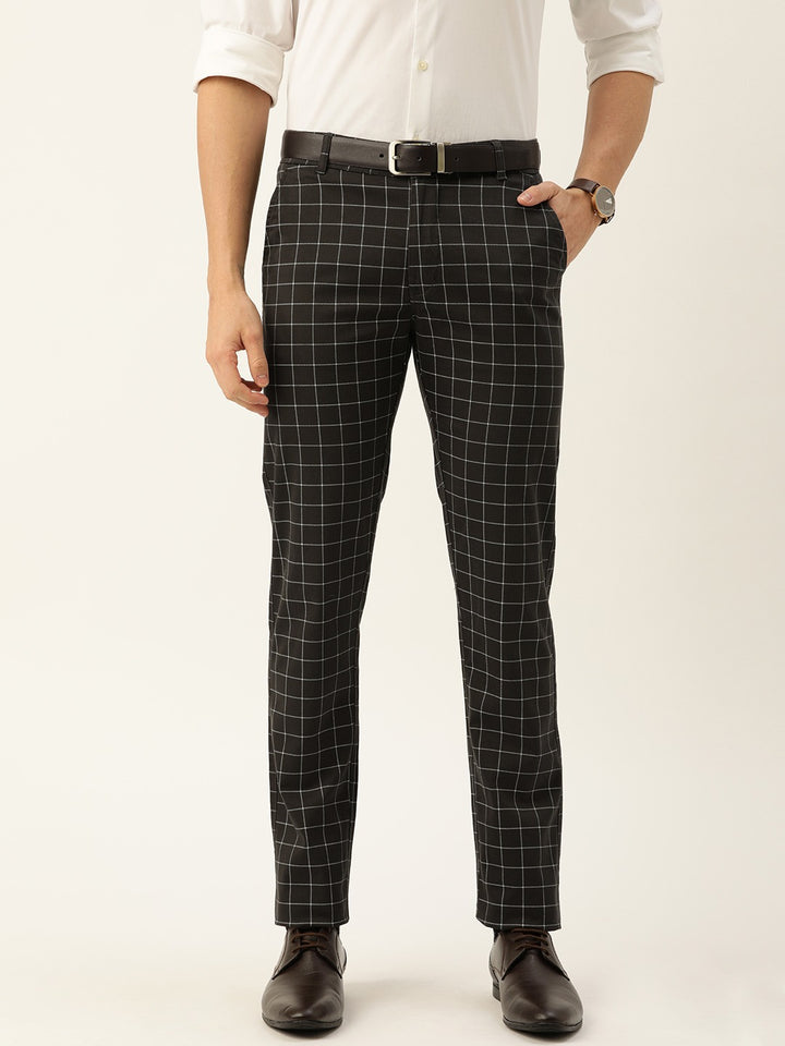 Men Dark Grey Checks Cotton Elastene Slim Fit Formal Trouser