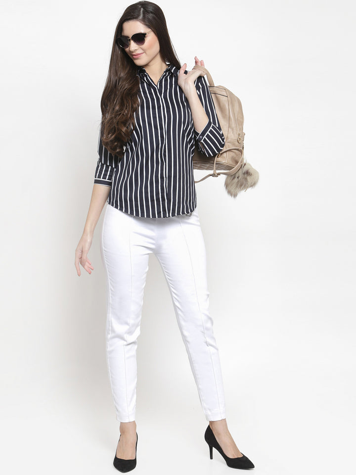 Women Navy Pure Cotton Striped Slim Fit Formal Shirt