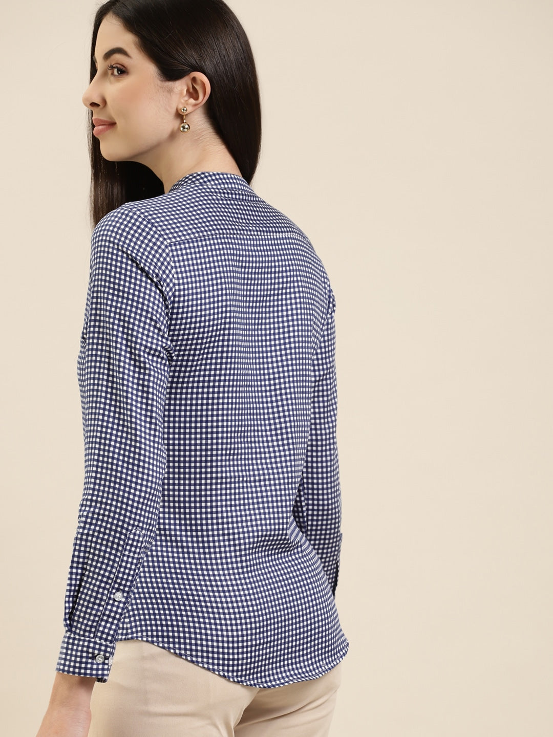 Women Navy & White Checked Pure Cotton Slim Fit Formal Top