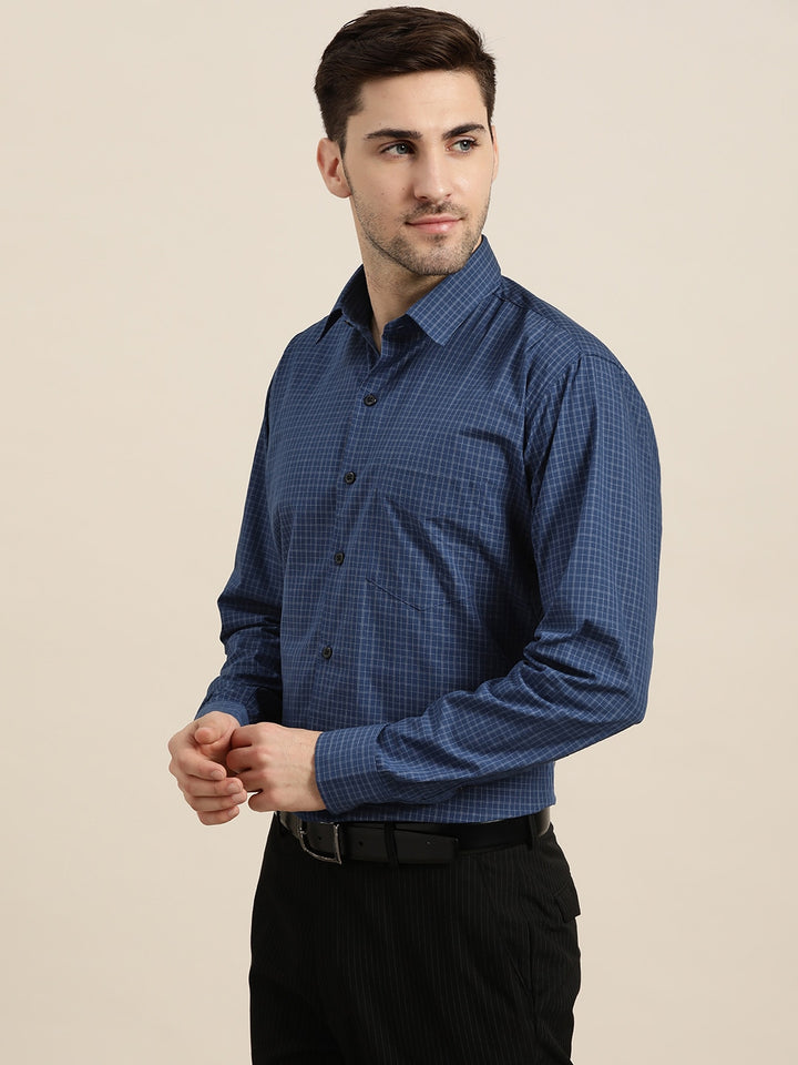 Men Navy Checks Pure Cotton Slim Fit Formal Shirt