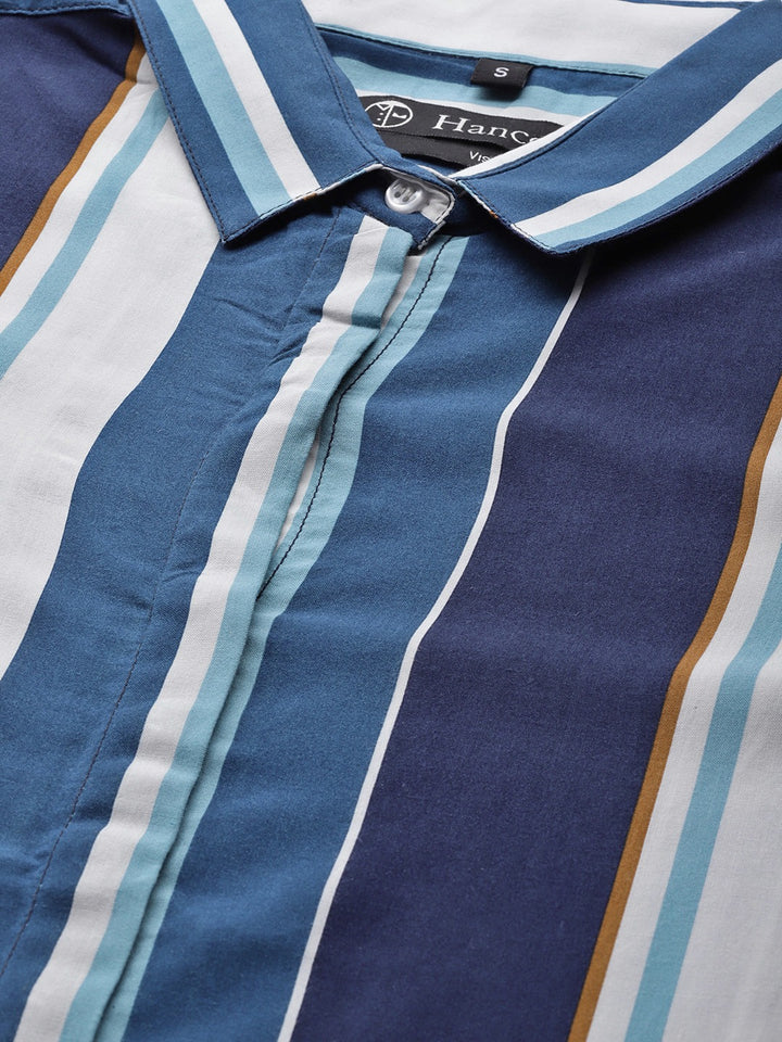 Women White & Blue Stripes Viscose Rayon Slim Fit Formal Shirt