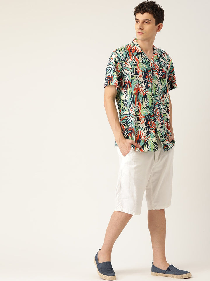 Men Beige & Navy Printed Pure Cotton Relaxed Fit Casual Resort Shirt