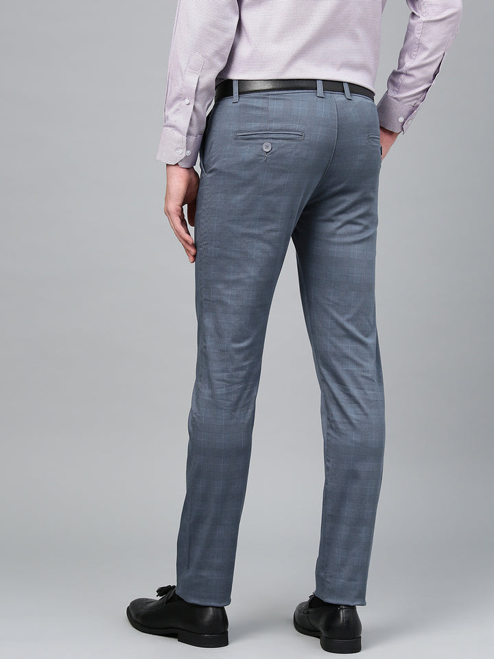 Men Blue Cotton Checked Slim Fit Casual Trouser