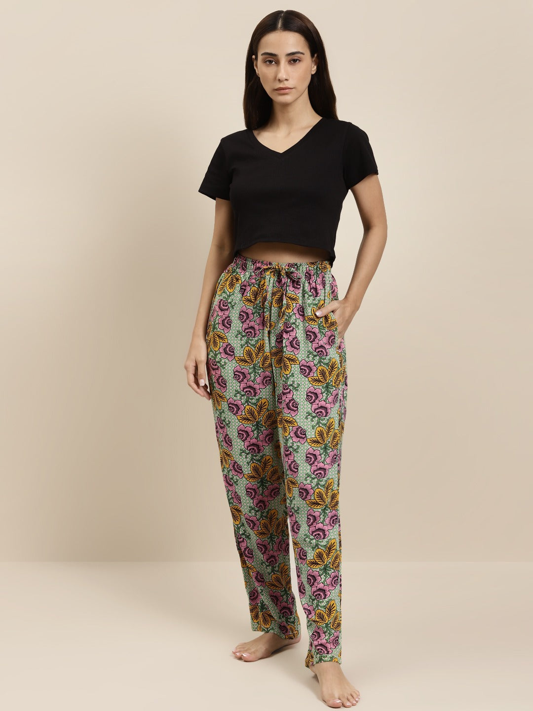 Women Green-Yellow Prints Viscose Rayon Relaxed Fit Casual Lounge Pant