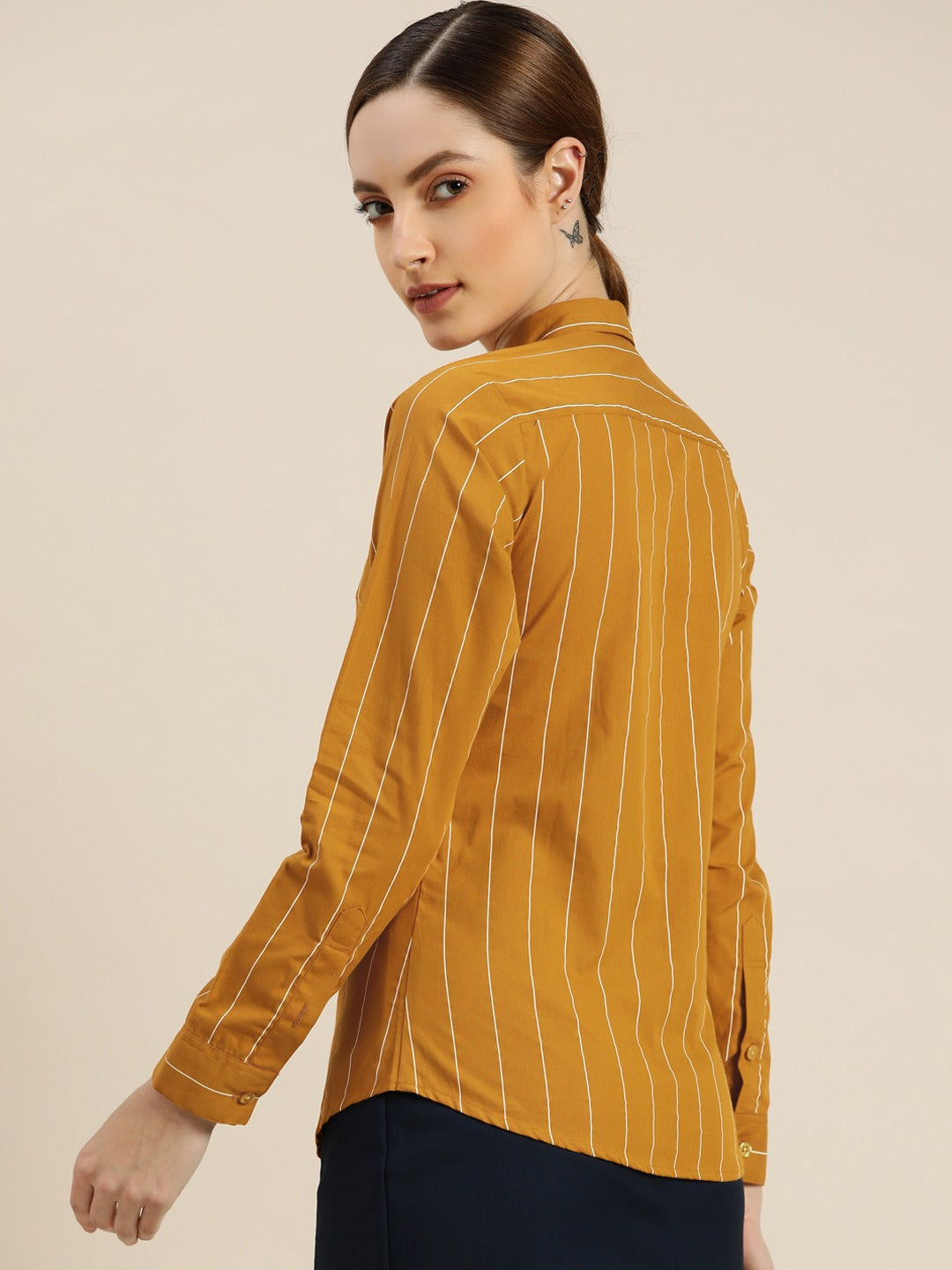 Women Mustard Striped Pure Cotton Slim Fit Formal Shirt