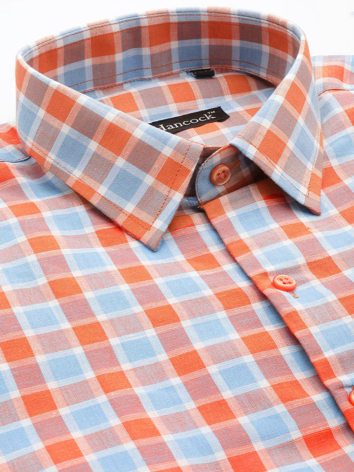 Men Orange & Blue Checks Linen Cotton Slim Fit Formal Shirt