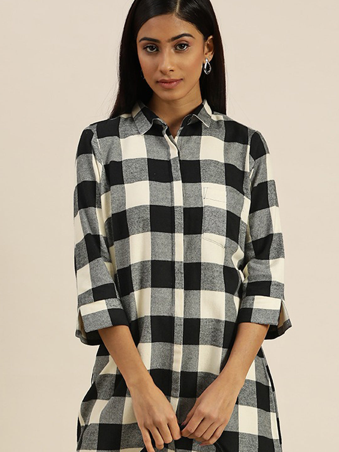 Women Black & Grey Checks Pure Cotton Regular Fit Formal Dress