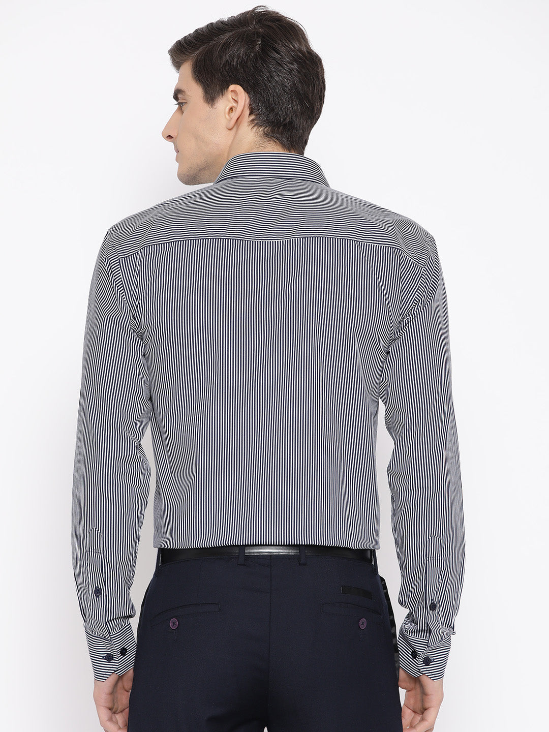 Men Navy & White Pure Cotton Striped Slim Fit Formal Shirt