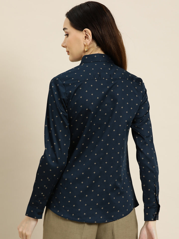 Women Navy Prints Pure Cotton Slim Fit Formal Shirt