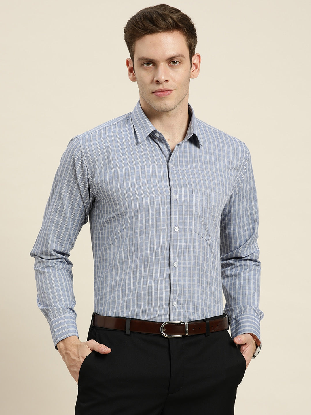 Men Blue-Grey Checks Cotton Rich Slim Fit Formal Shirt