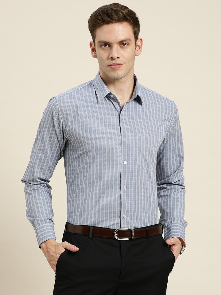 Men Blue-Grey Checks Cotton Rich Slim Fit Formal Shirt