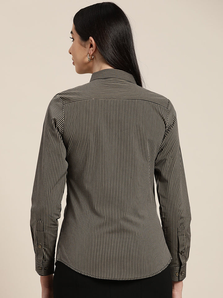 Women Black & Brown Striped Pure Cotton Slim Fit Formal Shirt