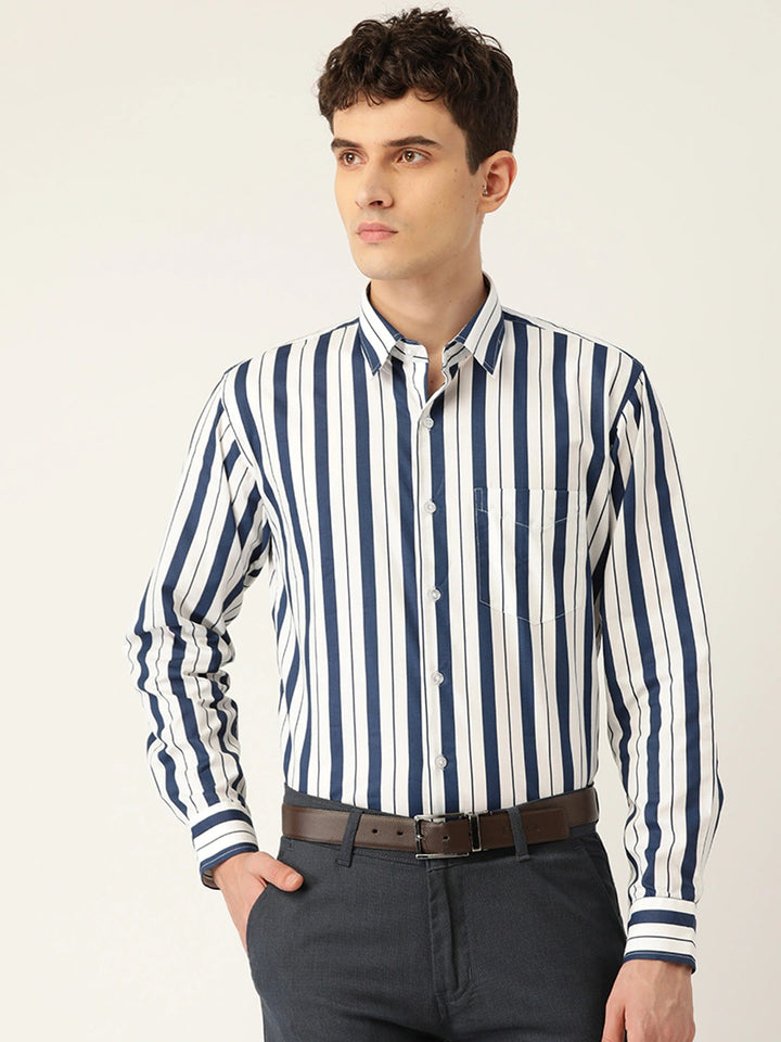 Men White & Navy Stripes Pure Cotton Slim Fit Formal Shirt