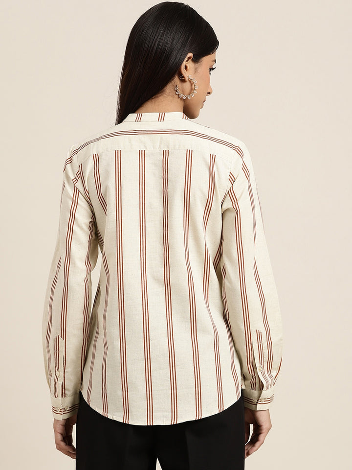 Women Beige & Red Striped Pure Cotton Slim Fit Formal Top