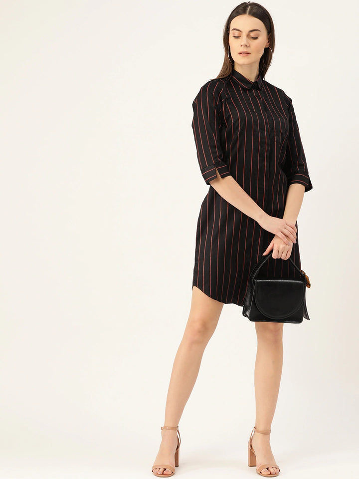 Women Black Stripes Pure Cotton Regular Fit Formal Dress