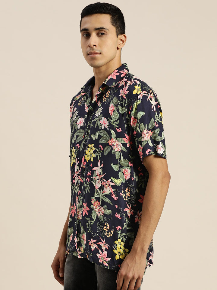 Men Navy & Green Prints Viscose Rayon Relaxed Fit Casual Resort Shirt