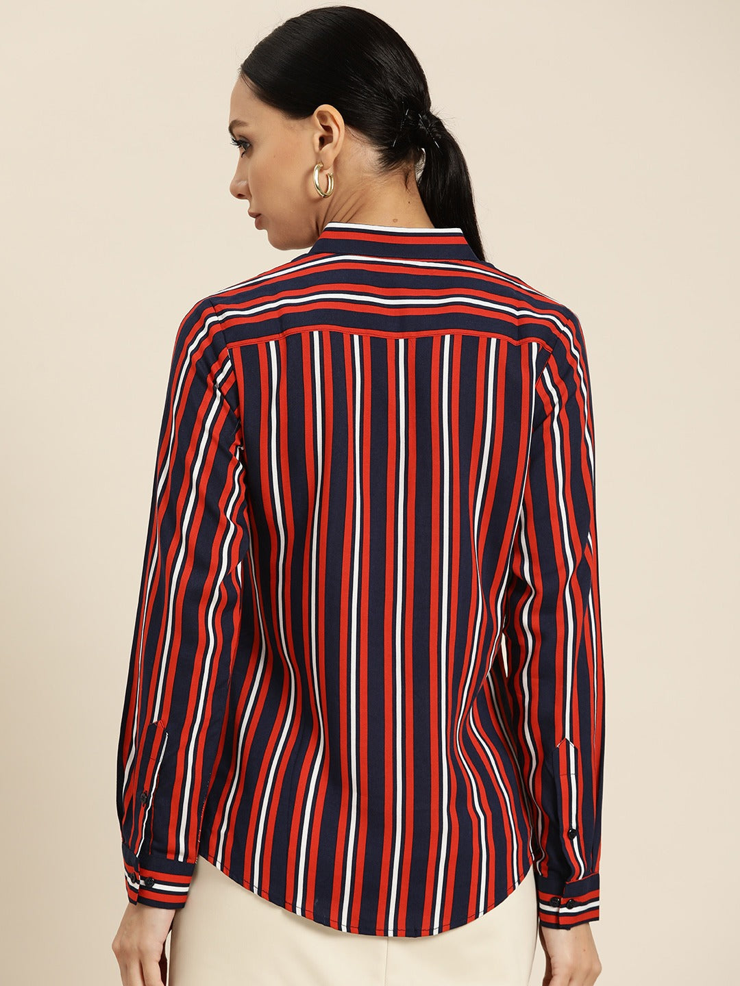 Women Navy Stripes Viscose Rayon Slim Fit Formal Shirt