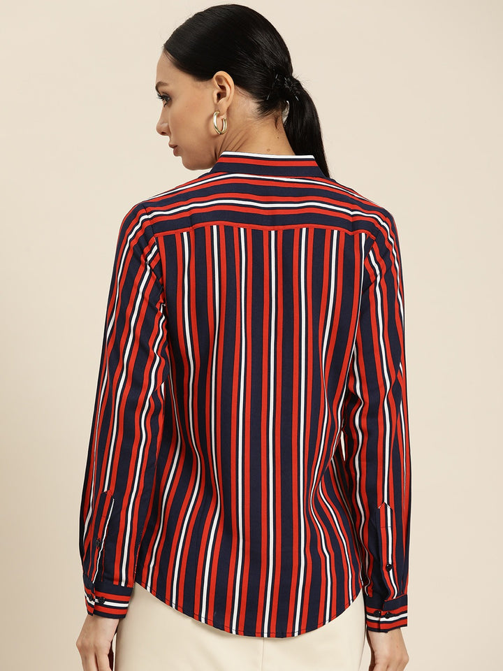 Women Navy Stripes Viscose Rayon Slim Fit Formal Shirt