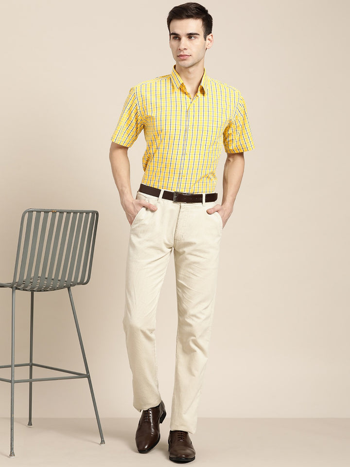 Men Yellow Checks Pure Cotton Slim Fit Formal Shirt
