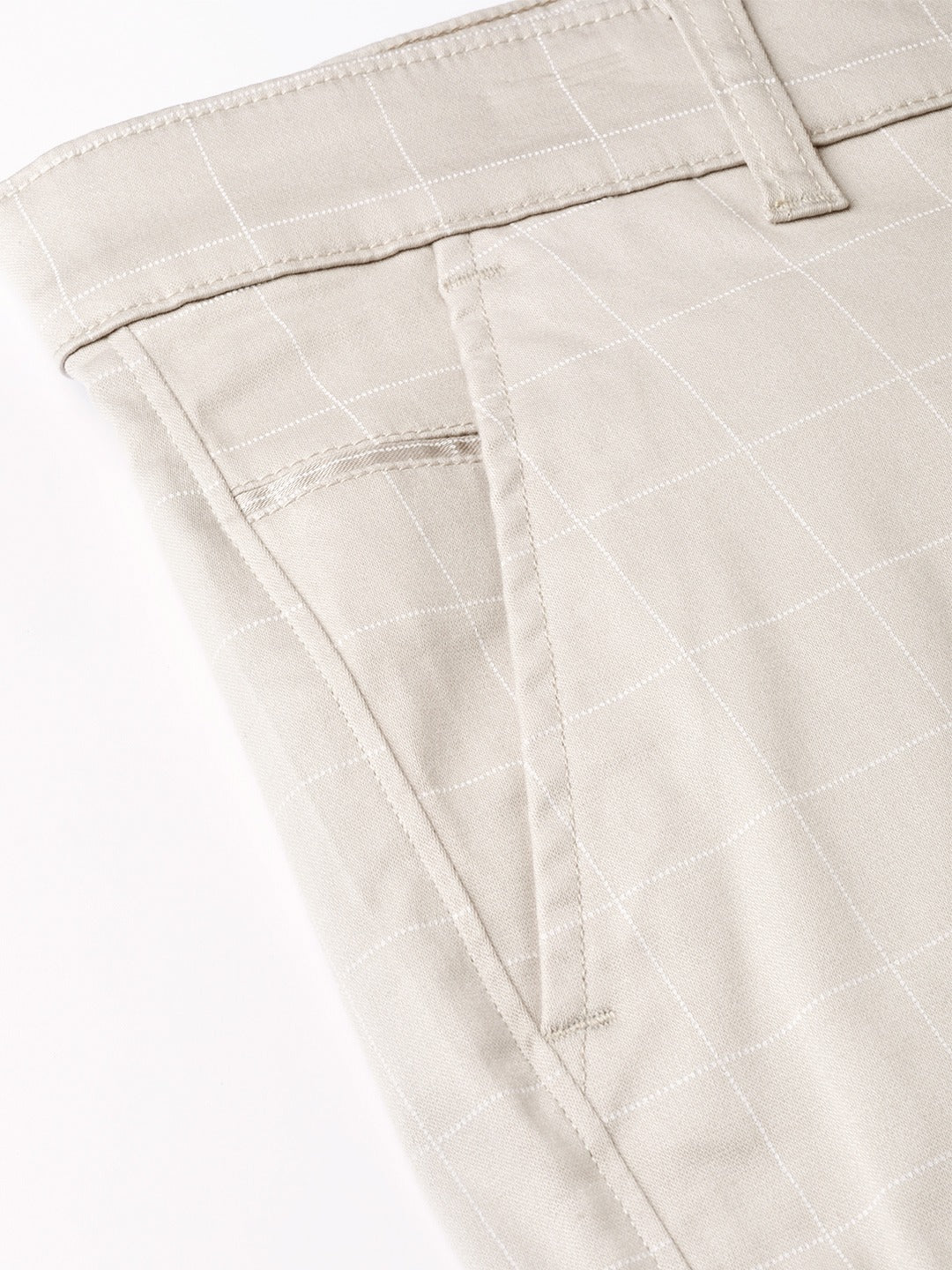 Men Beige Checked Cotton Stretch Slim Fit Formal Trouser