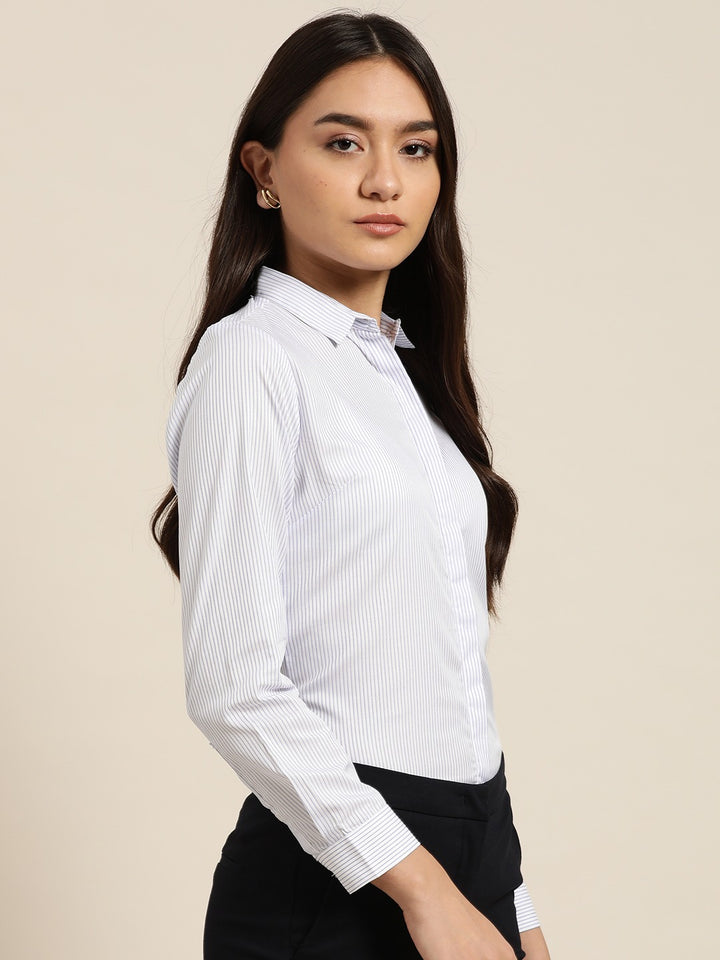 Women White & Blue Stripes Pure Cotton Slim Fit Formal Shirt