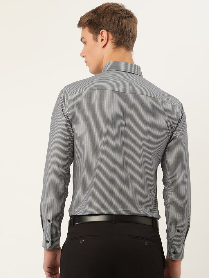 Men Grey Stripes Pure Cotton Slim Fit Formal Shirt