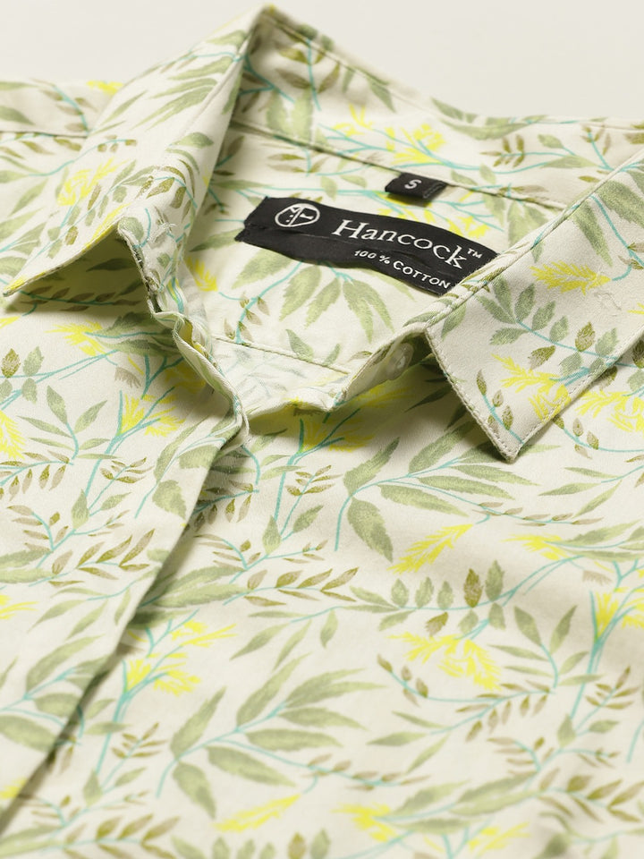 Women Cream & Green Prints Pure Cotton Slim Fit Formal Shirt