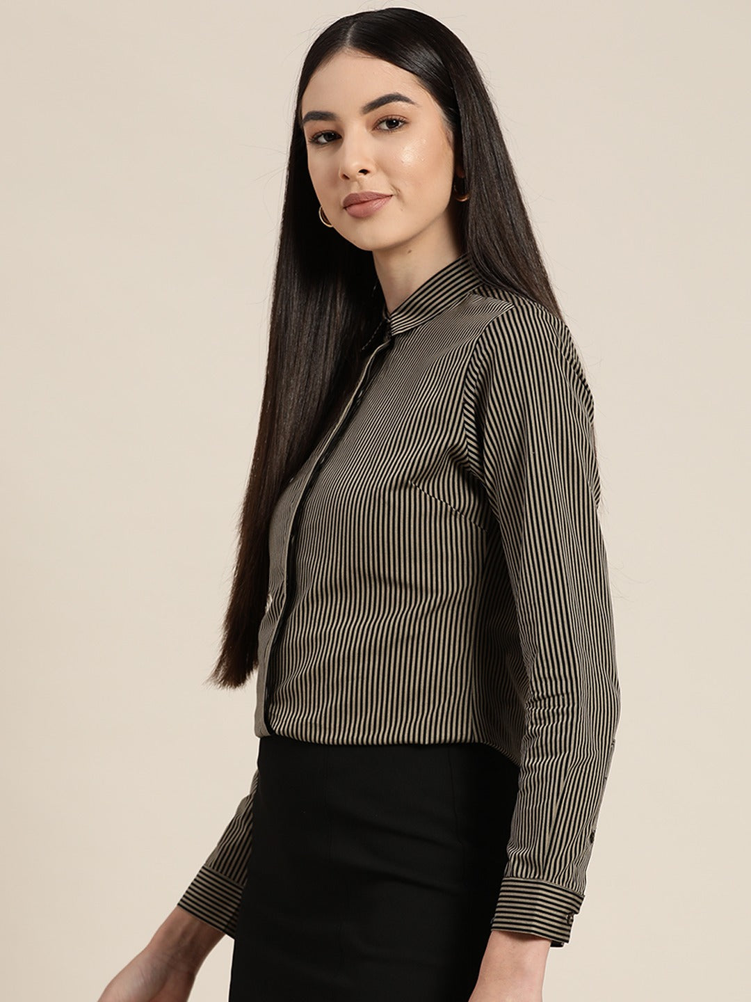 Women Black & Brown Striped Pure Cotton Slim Fit Formal Shirt