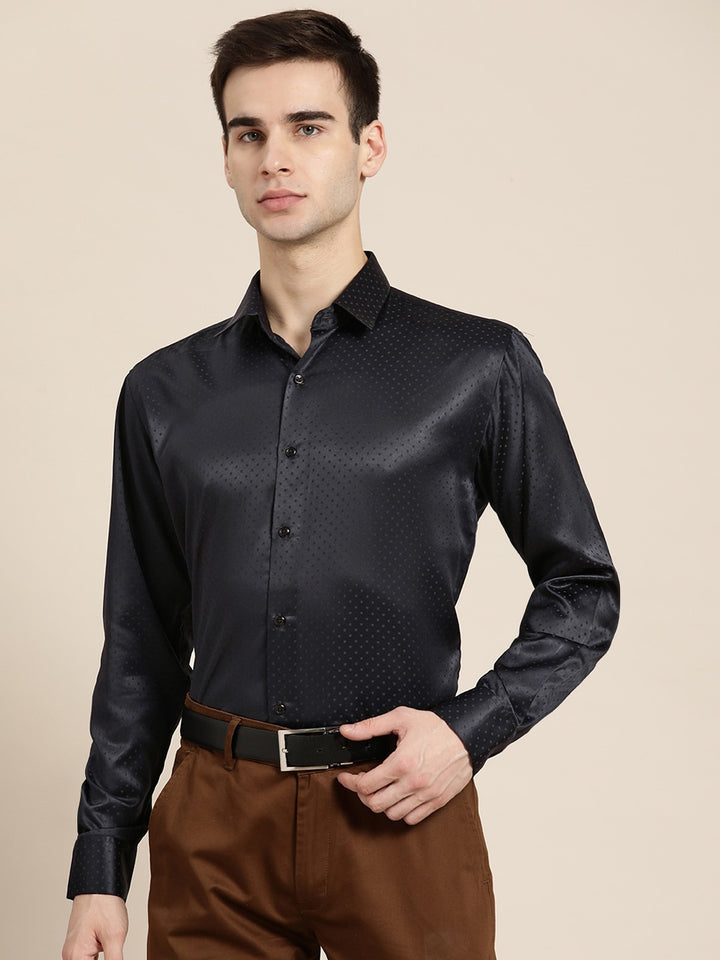Men Navy Blue Solid Self Design Polyester Satin Slim Fit Party Formal Shirt