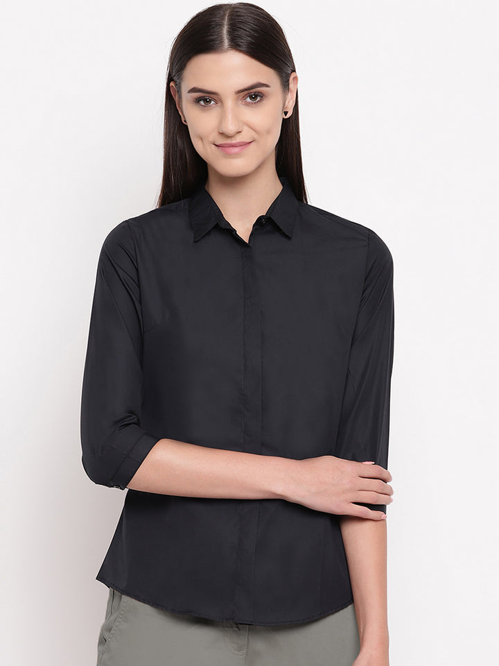 Women Black Pure Cotton Solid Slim Fit Formal Shirt