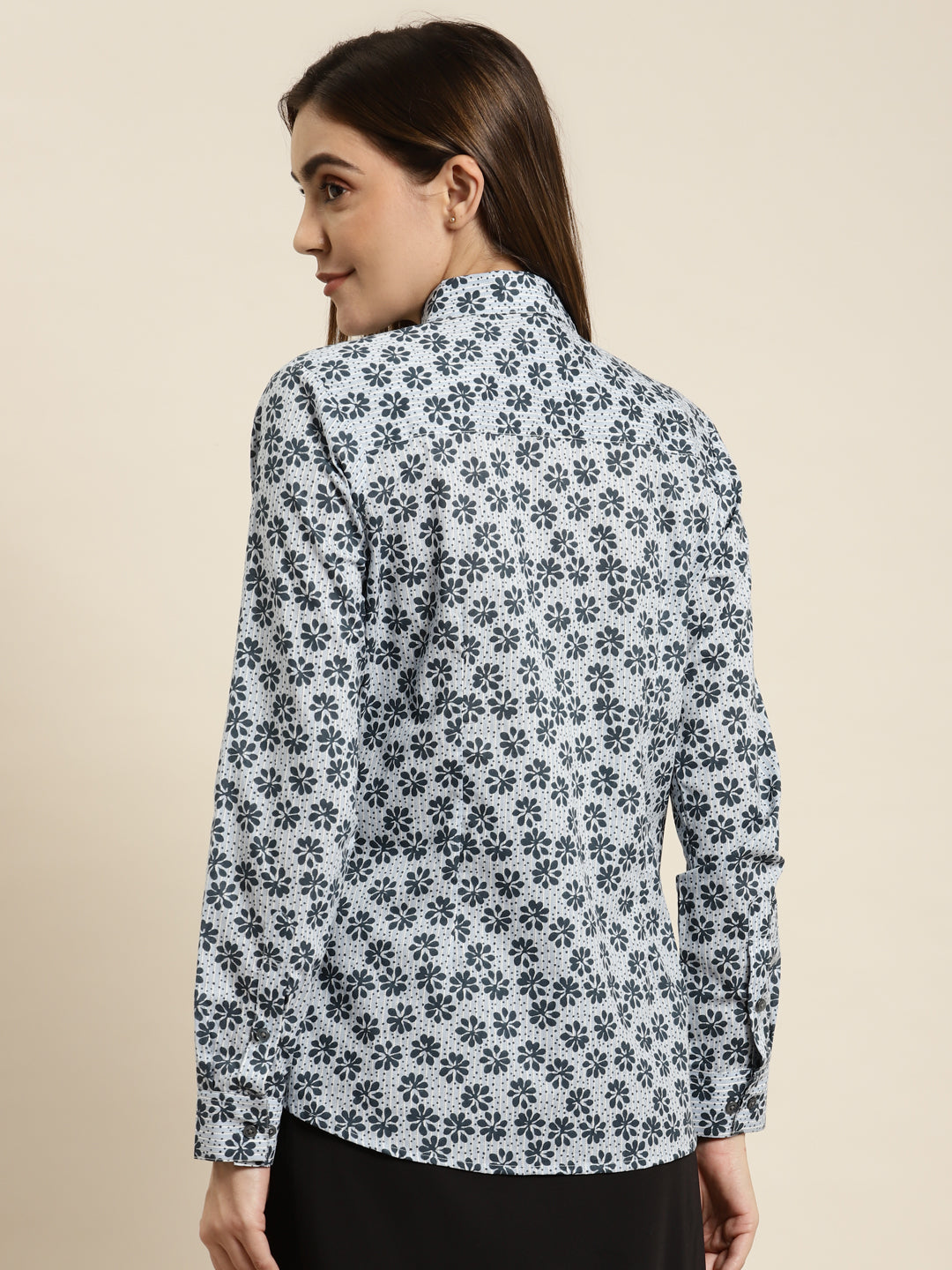 Women Sky & Navy Printed Pure Cotton Regular Fit Formal Shirt