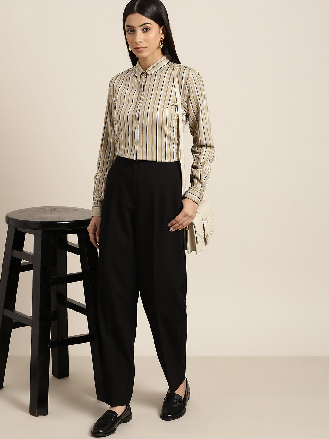 Women Beige Stripes Pure Cotton Slim Fit Formal Shirt