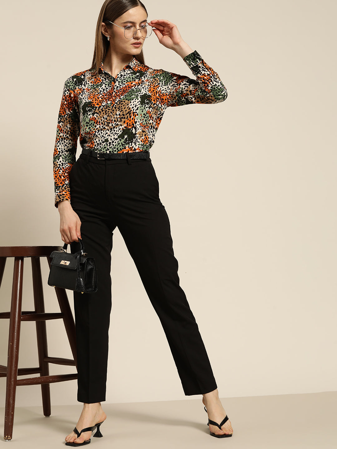 Women Mustard & Green Printed Viscose Rayon Slim Fit Formal Shirt