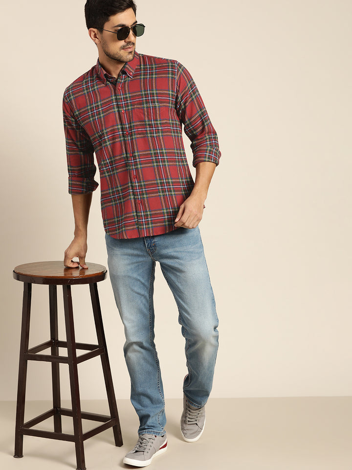 Men Red & Green Checked Pure Cotton Slim Fit Casual Shirt