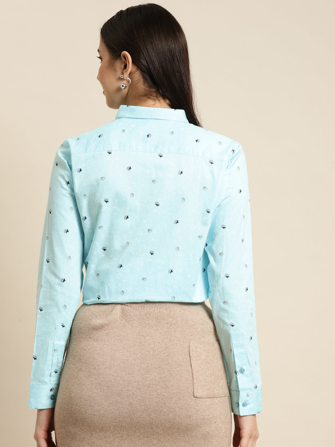 Women Sky Blue Printed Pure Cotton Slim Fit Formal Shirt