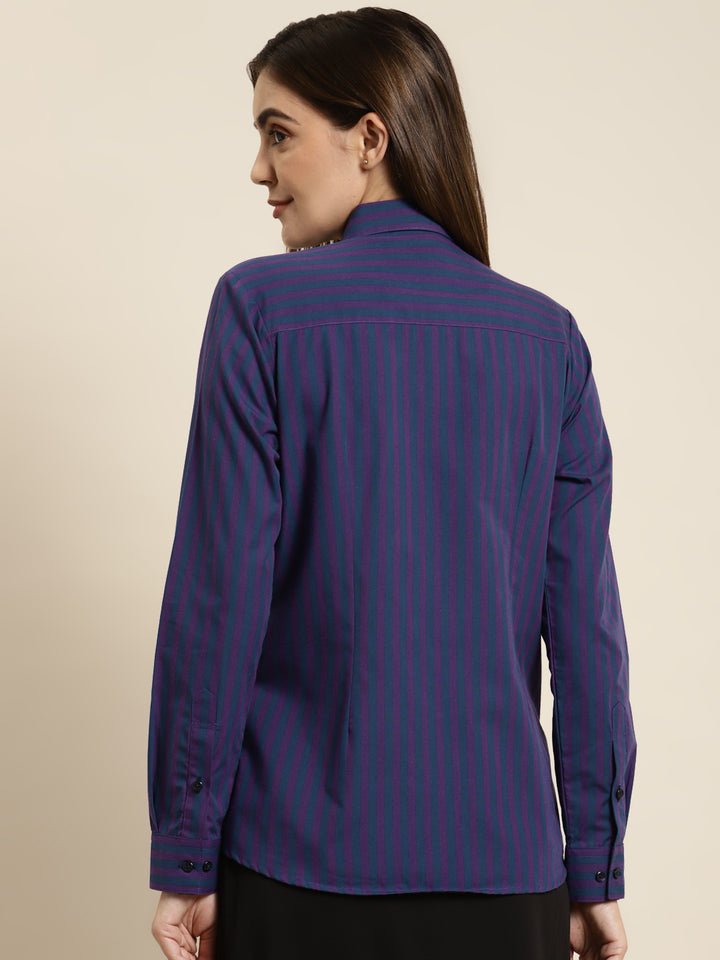 Women Navy & Purple Striped Pure Cotton Regular Fit Formal Shirt