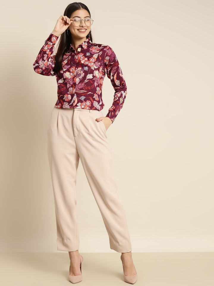 Women Burgundy Printed Viscose Rayon Slim Fit Formal Shirt