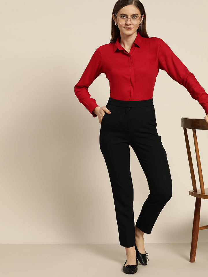 Women Red Solid Viscose Rayon Regular Fit Formal Shirt