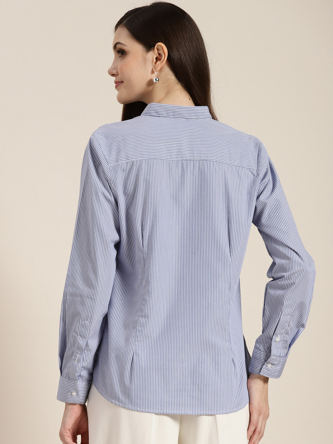 Women Blue & White Striped Pure Cotton Regular Fit Formal Shirt