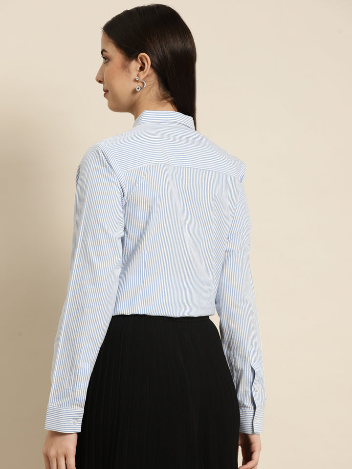 Women Blue & White Striped Pure Cotton Regular Fit Formal Shirt