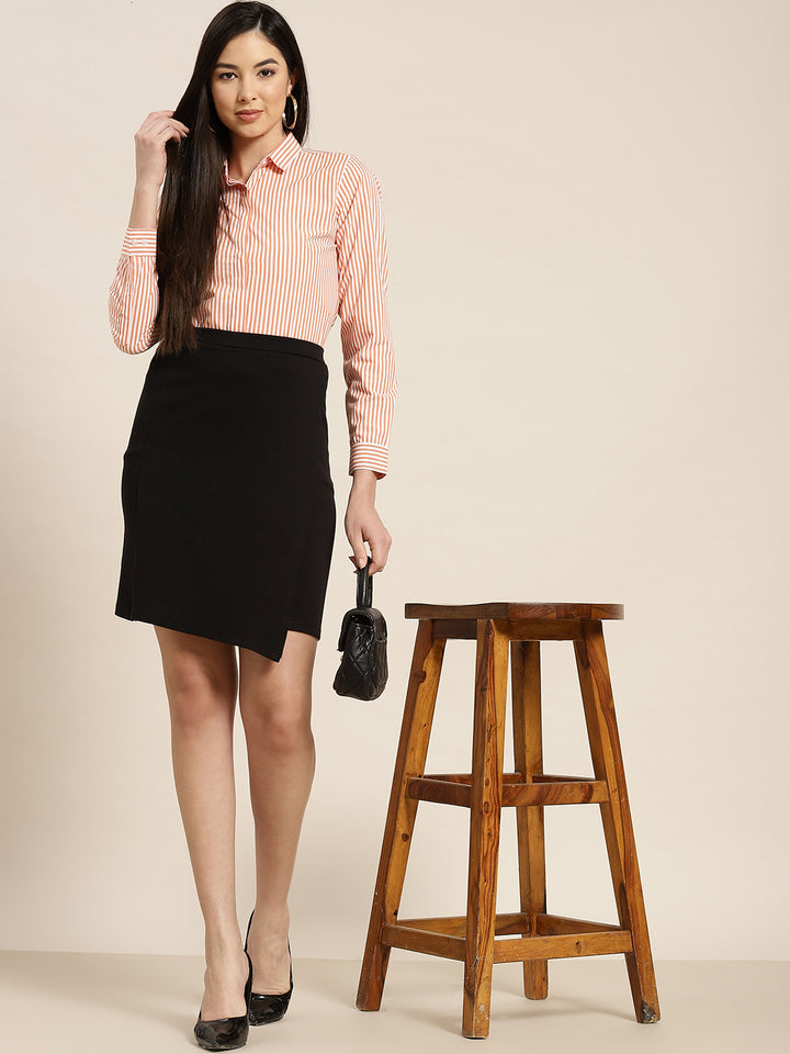 Women Orange & White Stripes Pure Cotton Slim Fit Formal Shirt