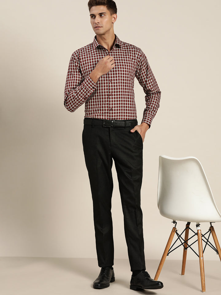 Men Maroon & Green Checks Pure Cotton Slim Fit Formal Shirt