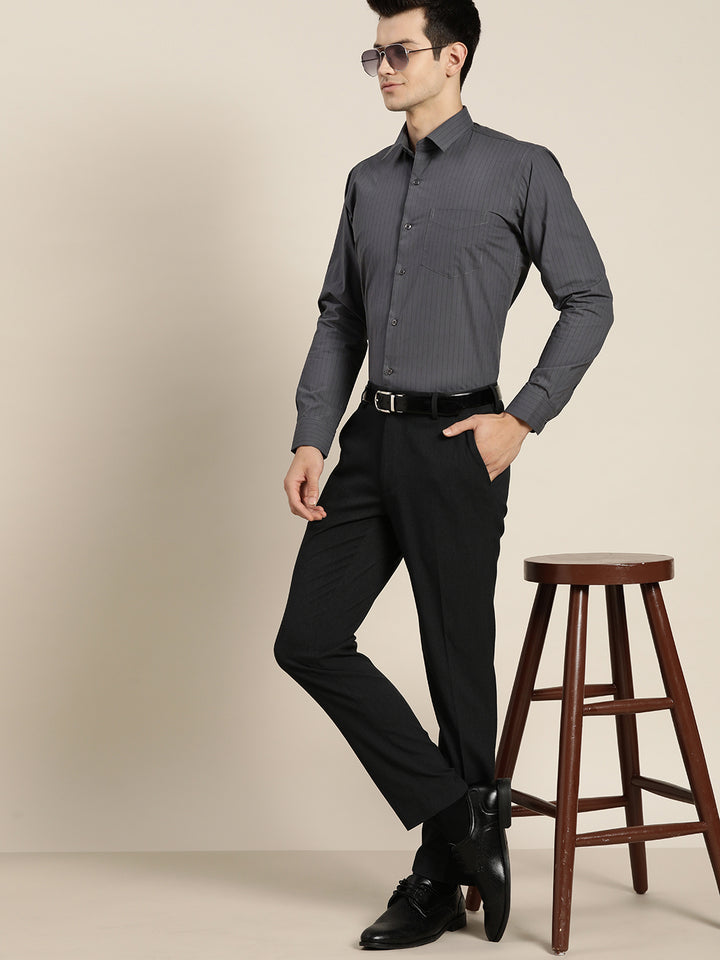Men Dark grey Stripes Pure Cotton Slim Fit Formal Shirt