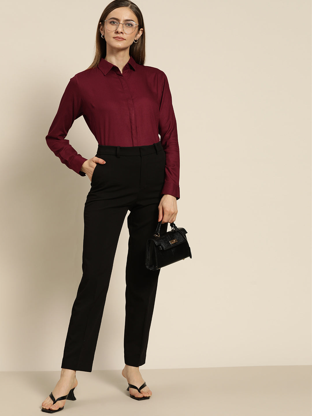 Women Burgundy Solid Viscose Rayon Regular Fit Formal Shirt