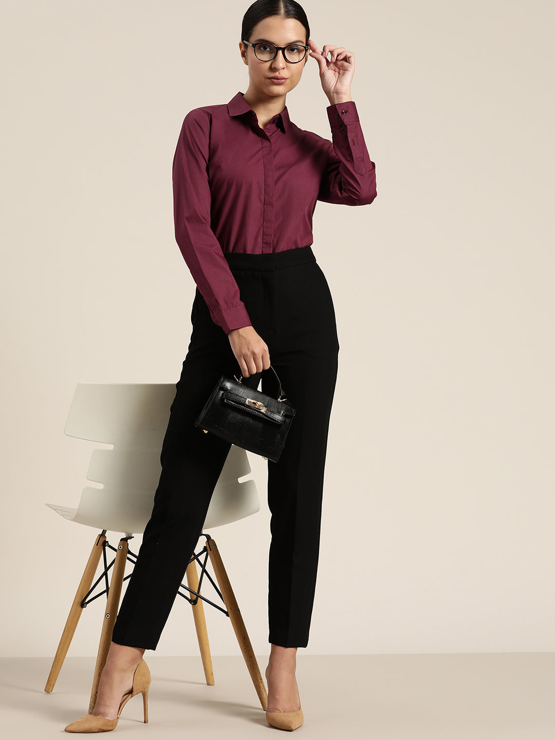 Women Wine Solid Pure Cotton Regular Fit Formal Shirt