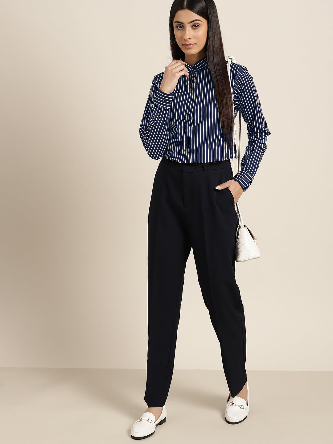 Women Navy Stripes Pure Cotton Slim Fit Formal Shirt