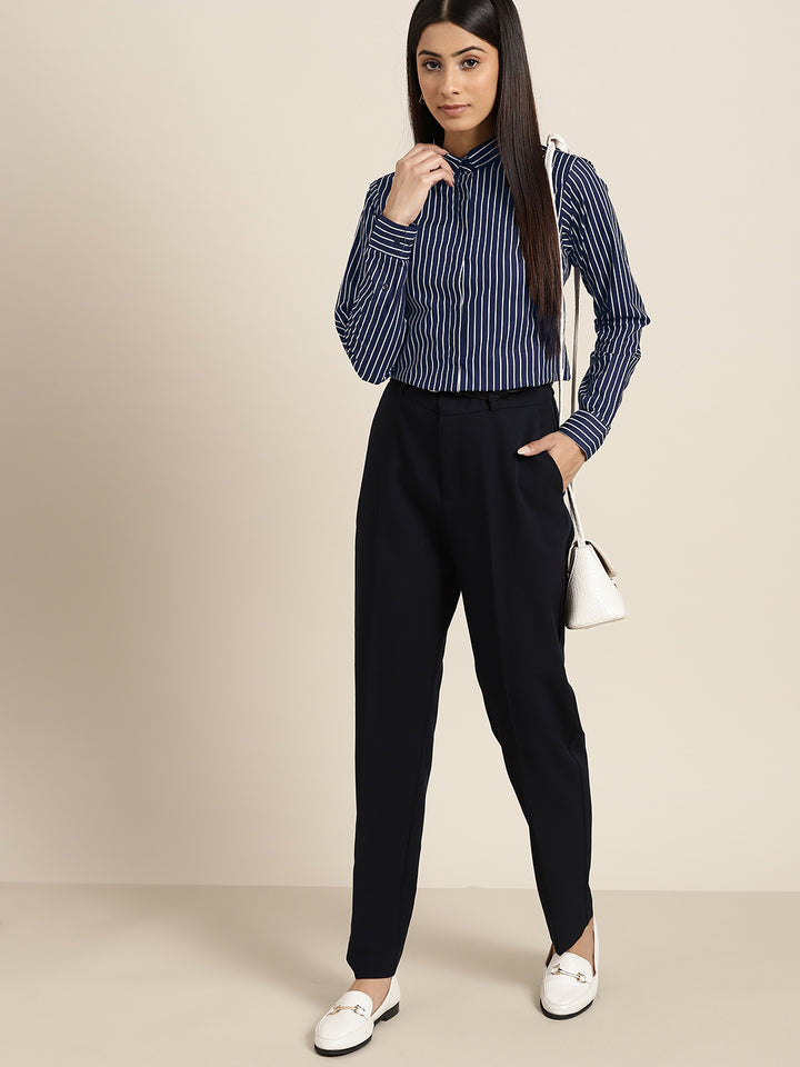 Women Navy Stripes Pure Cotton Slim Fit Formal Shirt