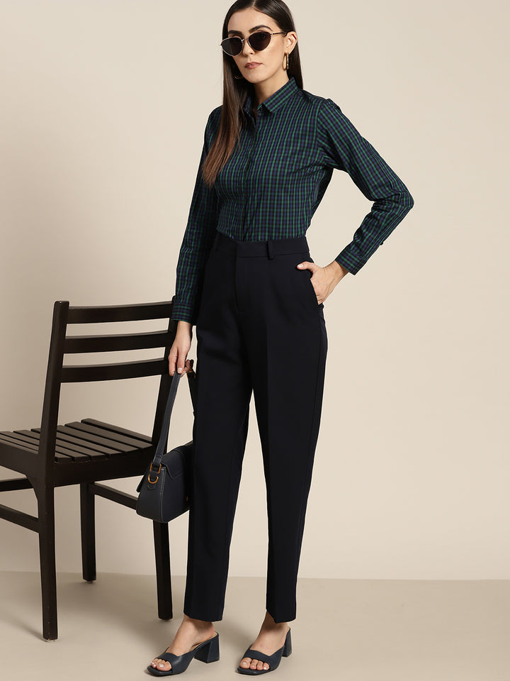 Women Navy & Green Checks Pure Cotton Slim Fit Formal Shirt