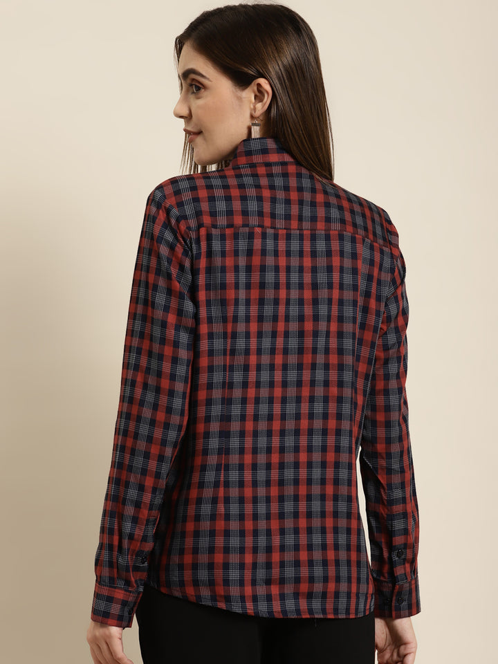 Women Navy & Red Checked Pure Cotton Regular Fit Formal Shirt
